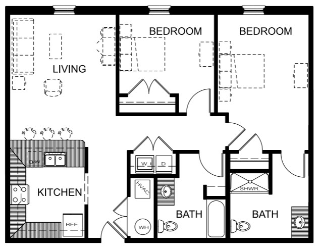 Floor plan for 2 beds, 2 baths, 987 sqft